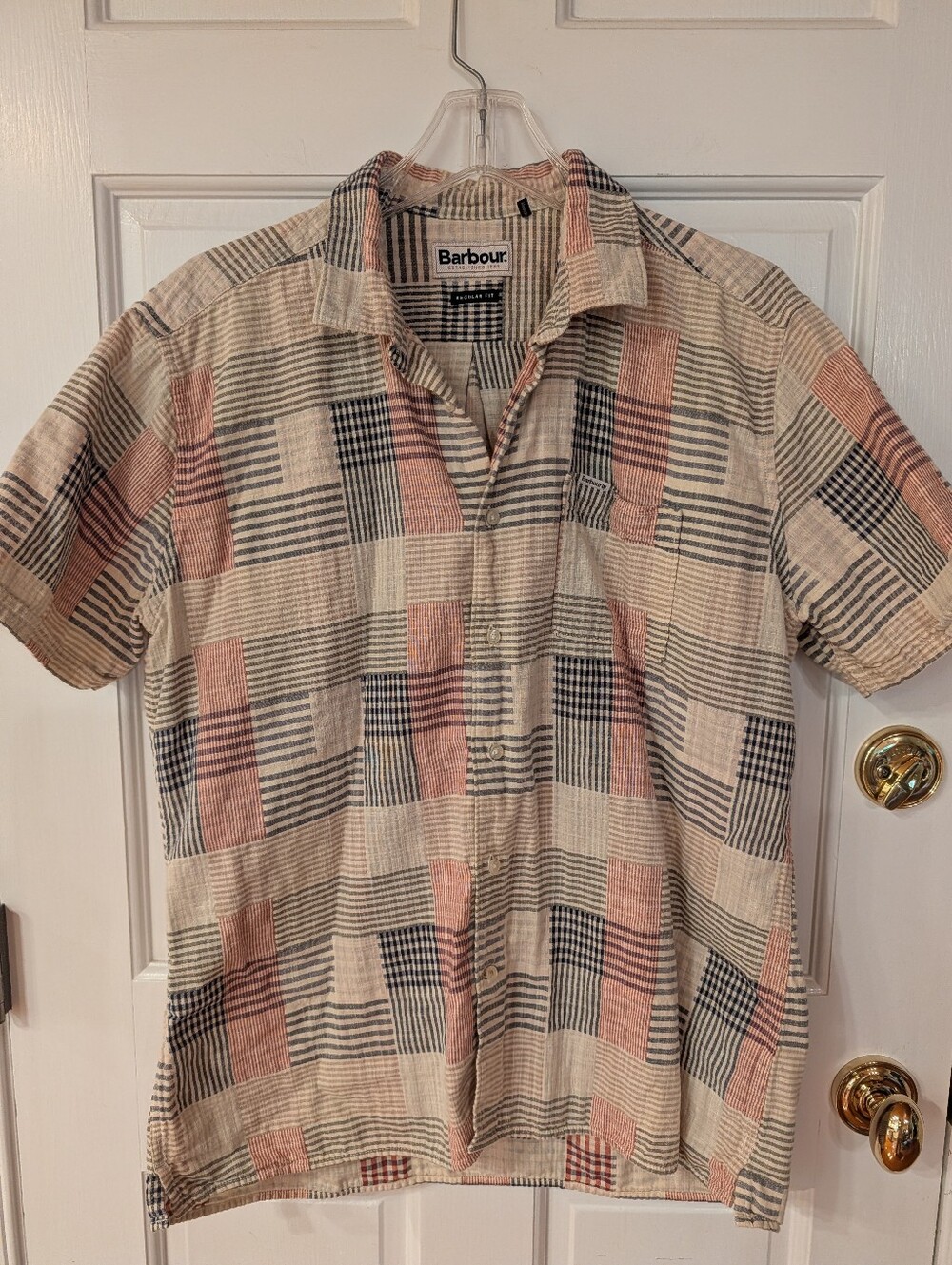 Barbour Oakshore Summer Fit Men's Sz M Stone Plaid Short Sleeve Cotton Shirt